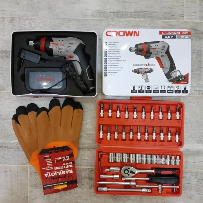 Visseuse Crown 22024 + Caisse A Outils 46 Pièces + Des gants Gratuit