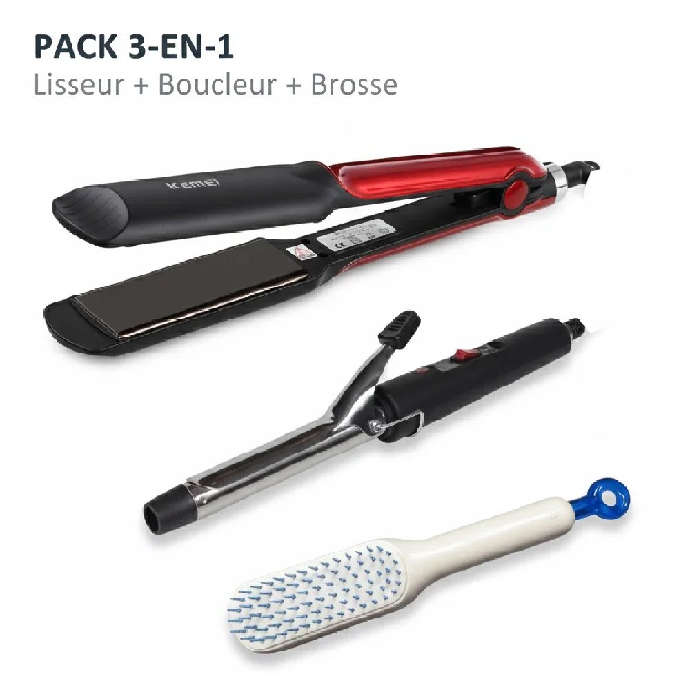 Pack 3-En-1 Lisseur Kemei + Boucleur + Brosse Magique
